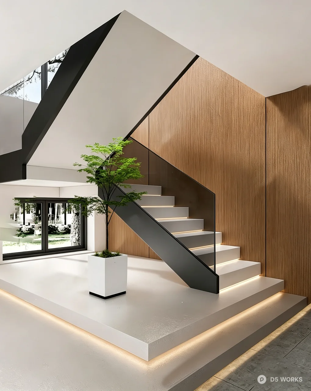 Modern Minimalist Interior Staircase with Glass Railing 3d model - Image 1