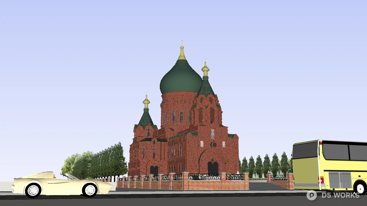 Red Brick Church With Green Domes 3d model thumbnail 2