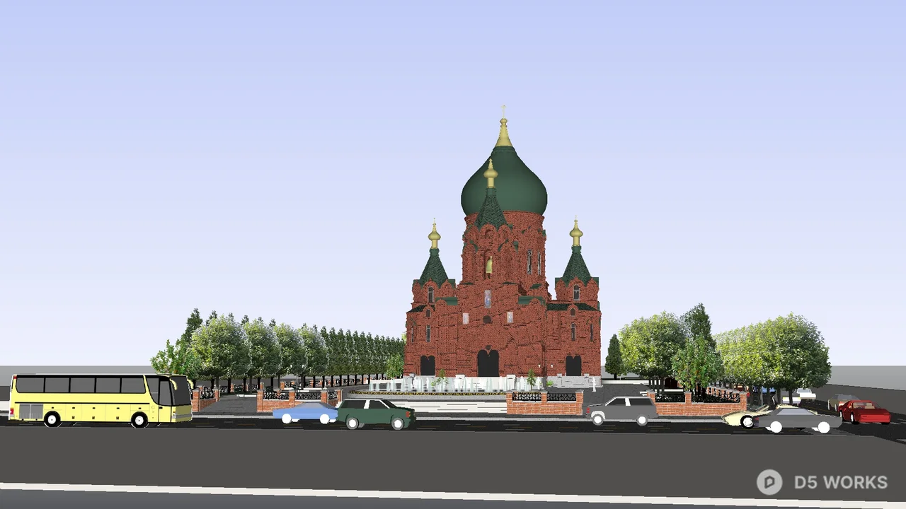 Red Brick Church With Green Domes 3d model thumbnail 3