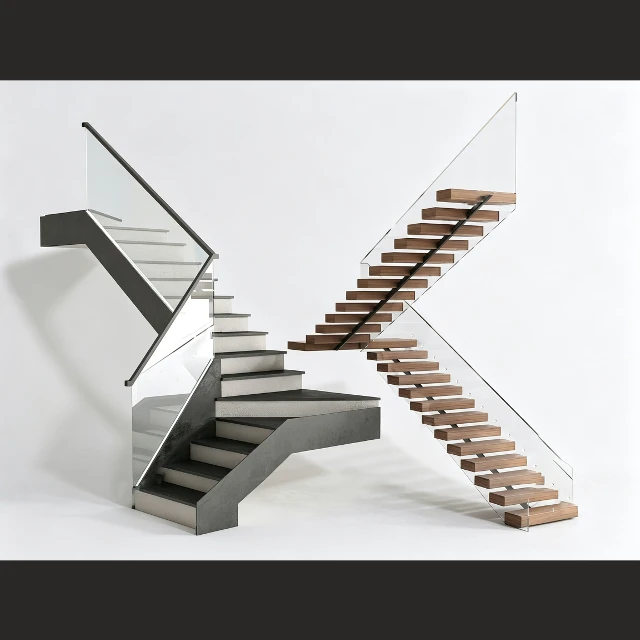 Modern Floating Wood and Glass Staircase Set 3d model
