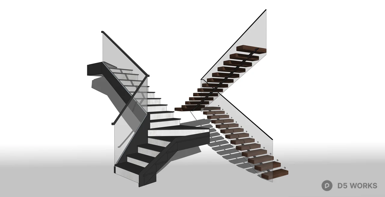 Modern Floating Wood and Glass Staircase Set 3d model thumbnail 2