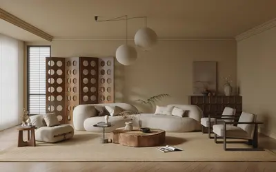 Wabi Sabi Living Room with Curved Sofa and Minimalist Lighting 3d model