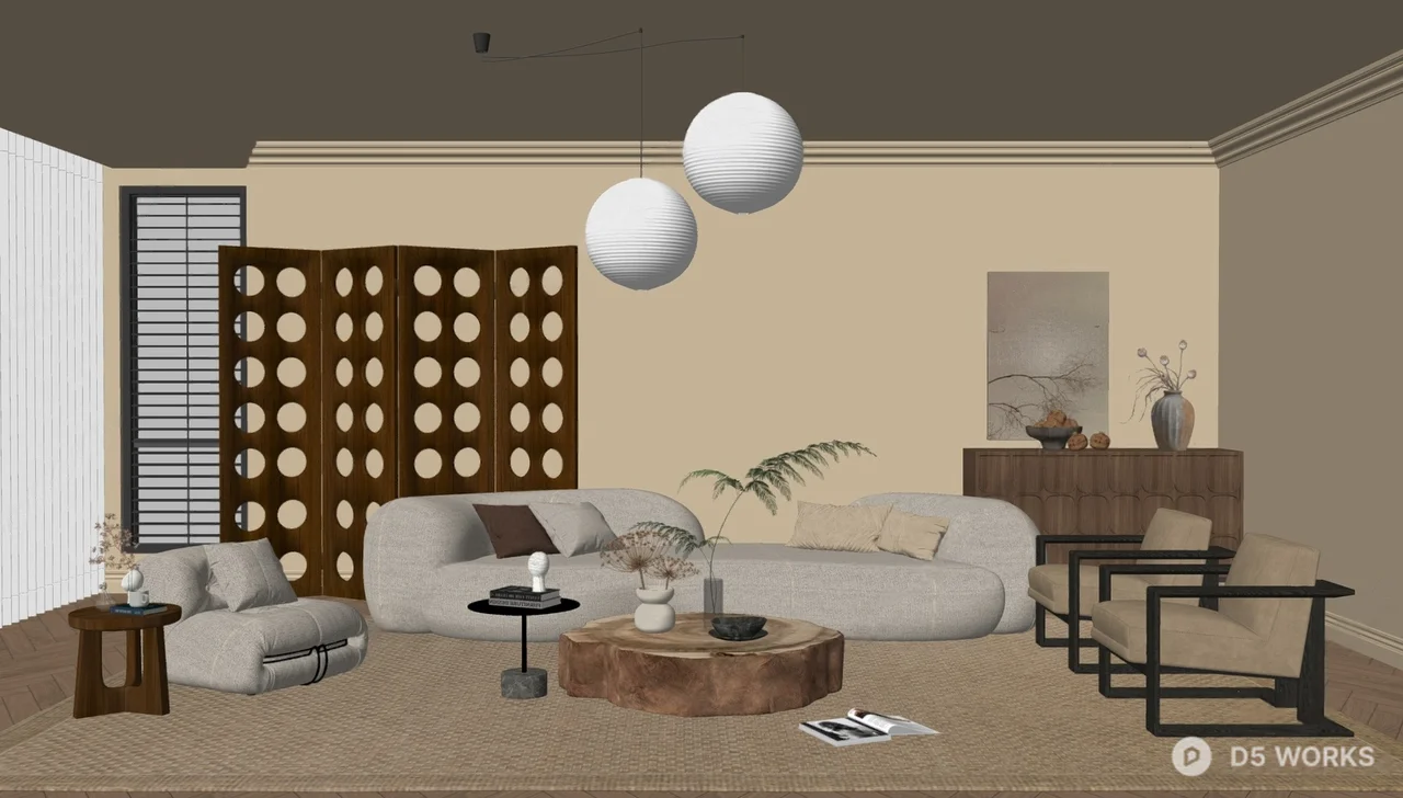 Wabi Sabi Living Room with Curved Sofa and Minimalist Lighting 3d model thumbnail 2