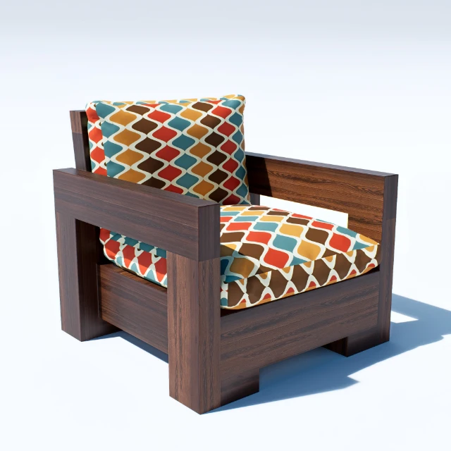 Mid-Century Modern Wooden Armchair with Geometric Cushions 3d model