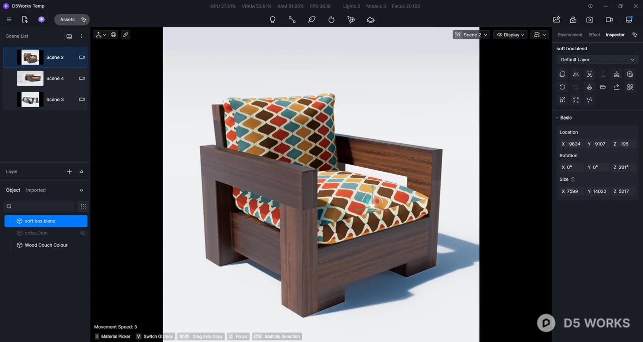 Mid-Century Modern Wooden Armchair with Geometric Cushions 3d model thumbnail 2