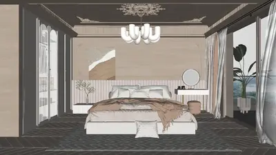 Modern Minimalist Bedroom with Geometric Ceiling and Large Windows 3d model