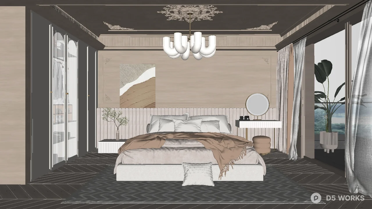 Modern Minimalist Bedroom with Geometric Ceiling and Large Windows 3d model - Image 1