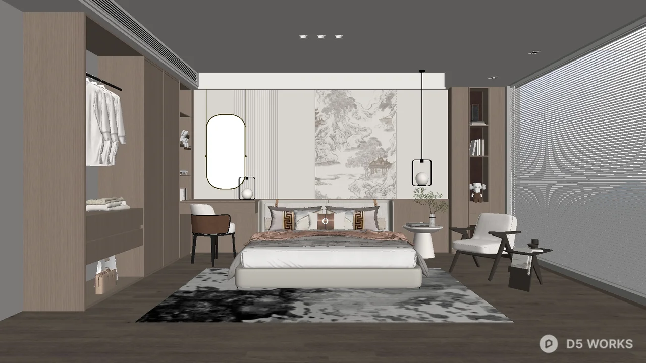 Modern Minimalist Bedroom with Artistic Wall Panel 3d model - Image 1