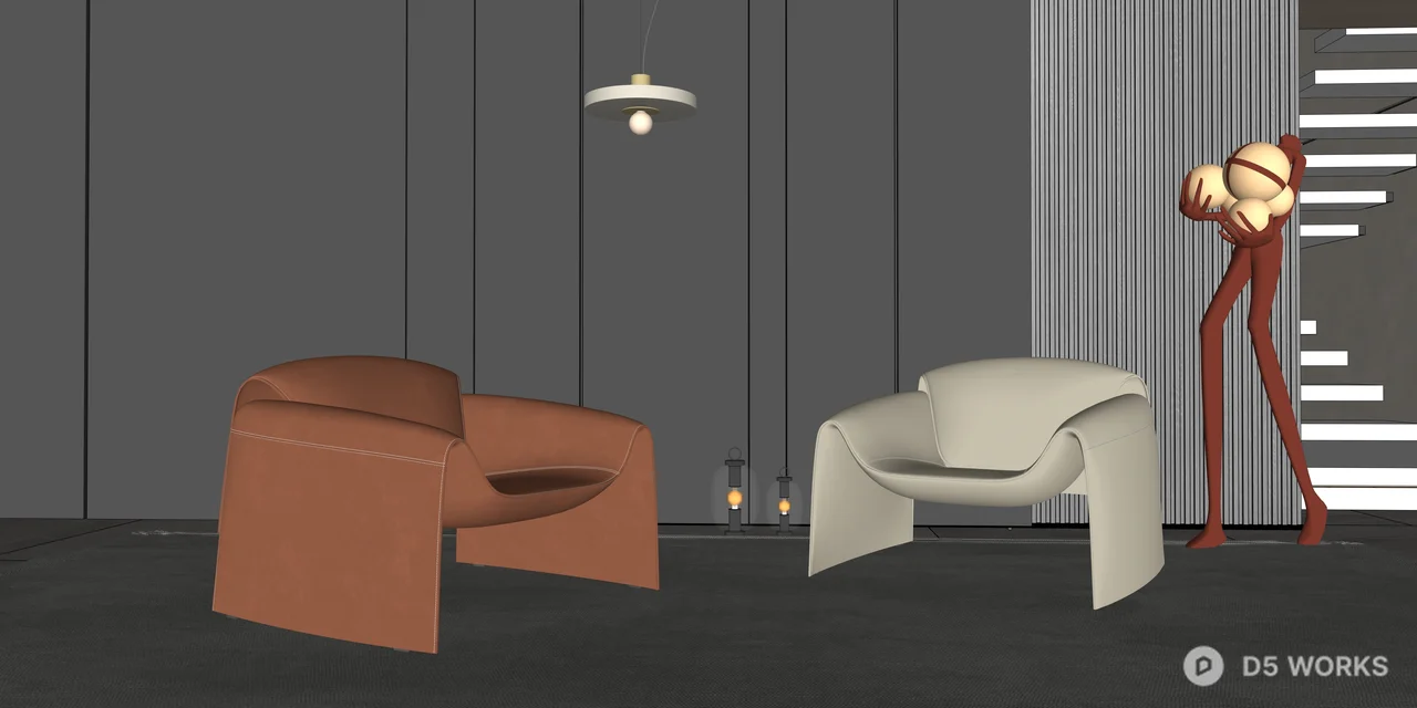 Modern Sculptural Leather Armchair Set 3d model thumbnail 2