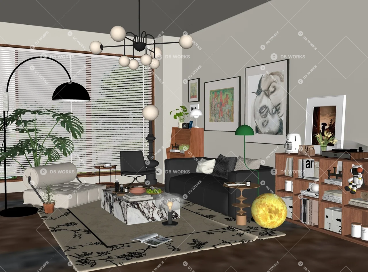 Mid Century Modern Living Room with Minimalist Decor 3d model thumbnail 2