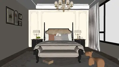Modern Classic Bedroom with Chandelier and Dark Accent Wall 3d model