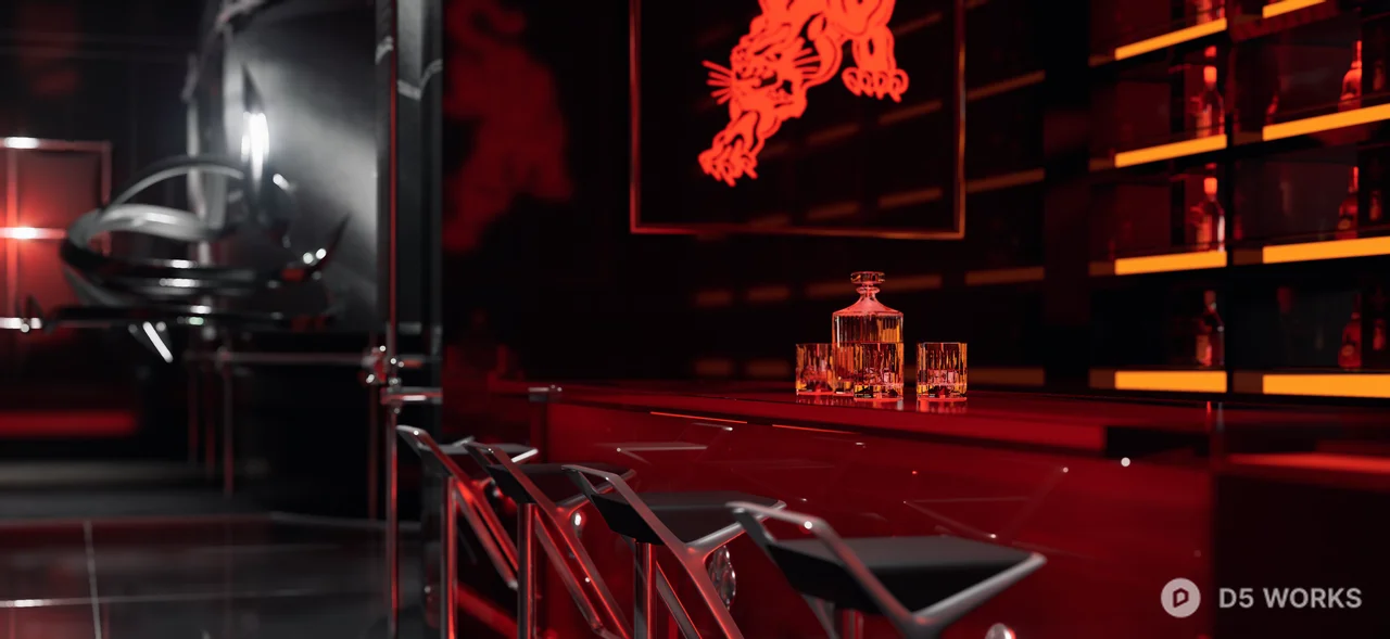 Modern Bar With Red Lighting And Neon Accents 3d model thumbnail 6