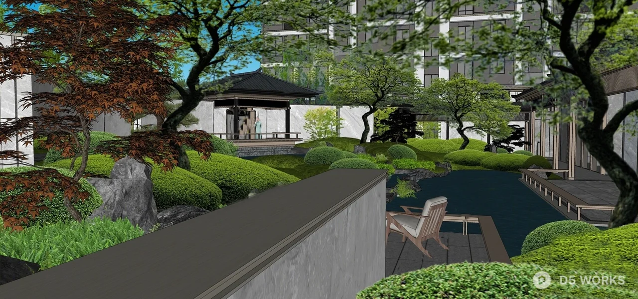 Modern Villa Courtyard With Water Feature And Decking 3d model thumbnail 2