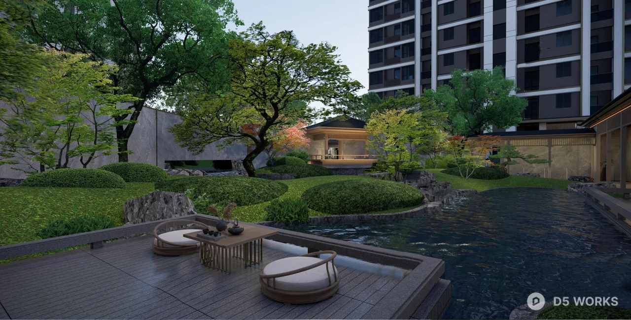 Modern Villa Courtyard With Water Feature And Decking 3d model - Image 1