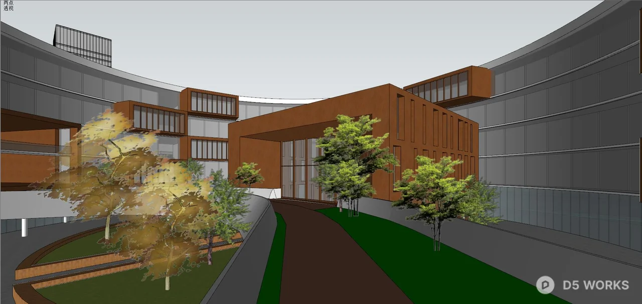 Free Modern Corporate Office Building with Landscape Plaza 3D Model .skp