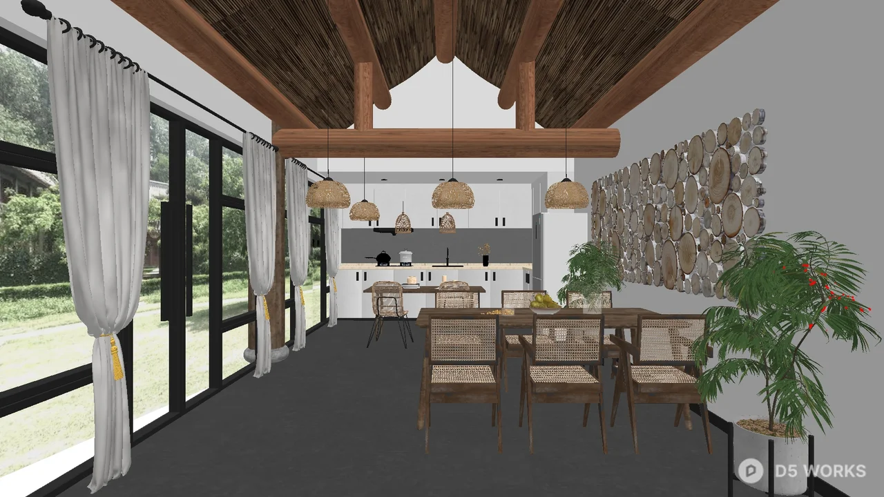 Rustic Modern Restaurant With Wooden Beams And Greenery 3d model - Image 1