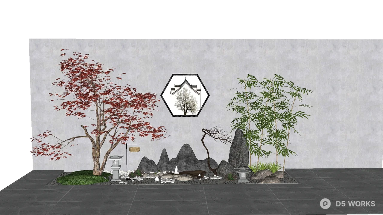Chinese Style Rockery With Red Maple And Bamboo 3d model - Image 1