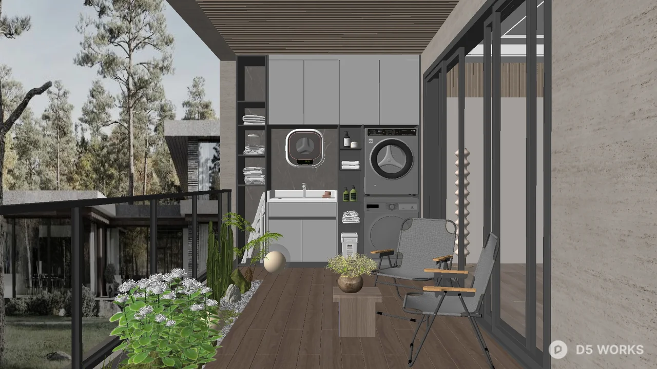 Modern Minimalist Home Balcony with Laundry Setup 3d model - Image 1
