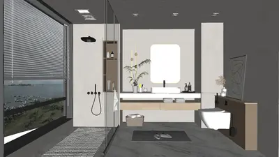 Modern Minimalist Bathroom With Large Window And Double Vanity 3d model
