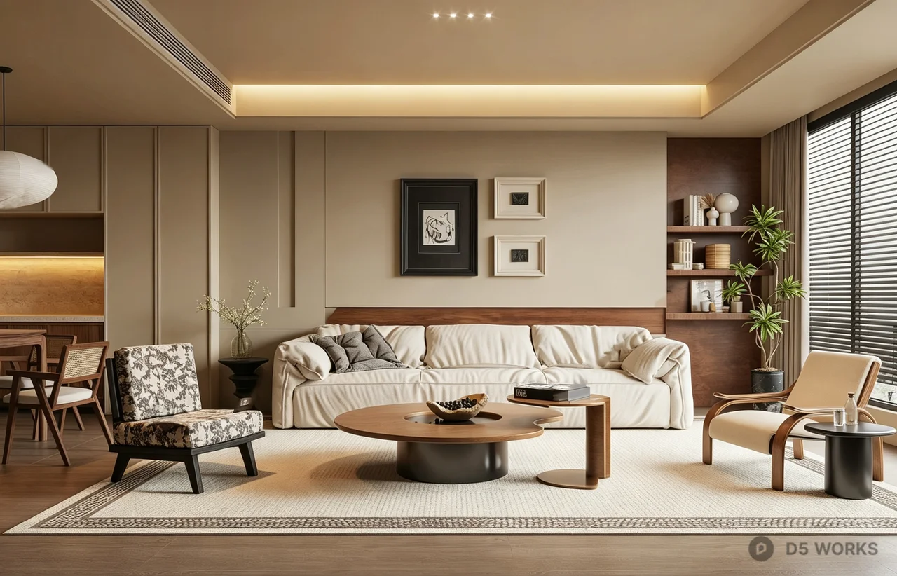 Modern Wabi-Sabi Japandi Living Room Interior Scene 3d model - Image 1