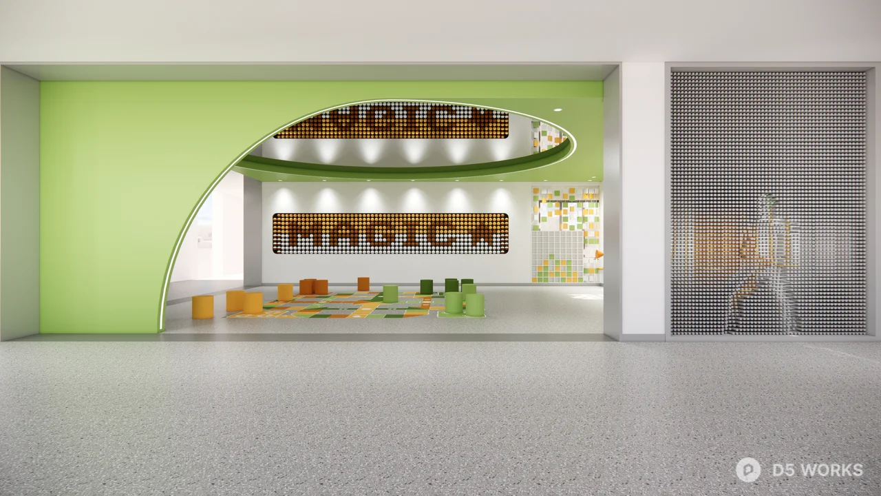 Modern Classroom With Colorful Seating And Interactive Wall 3d model thumbnail 2