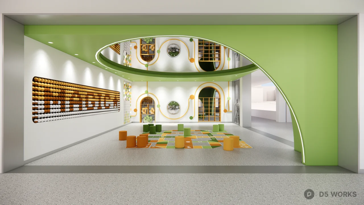 Modern Classroom With Colorful Seating And Interactive Wall 3d model thumbnail 3