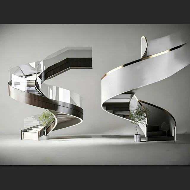 Modern Curved Spiral Staircase with Glass Railing 3d model