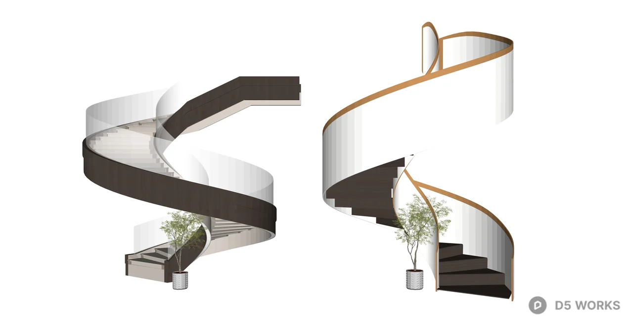 Modern Curved Spiral Staircase with Glass Railing 3d model thumbnail 2