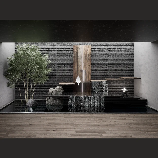 Zen Indoor Waterfall Garden with Stone and Wood 3d model