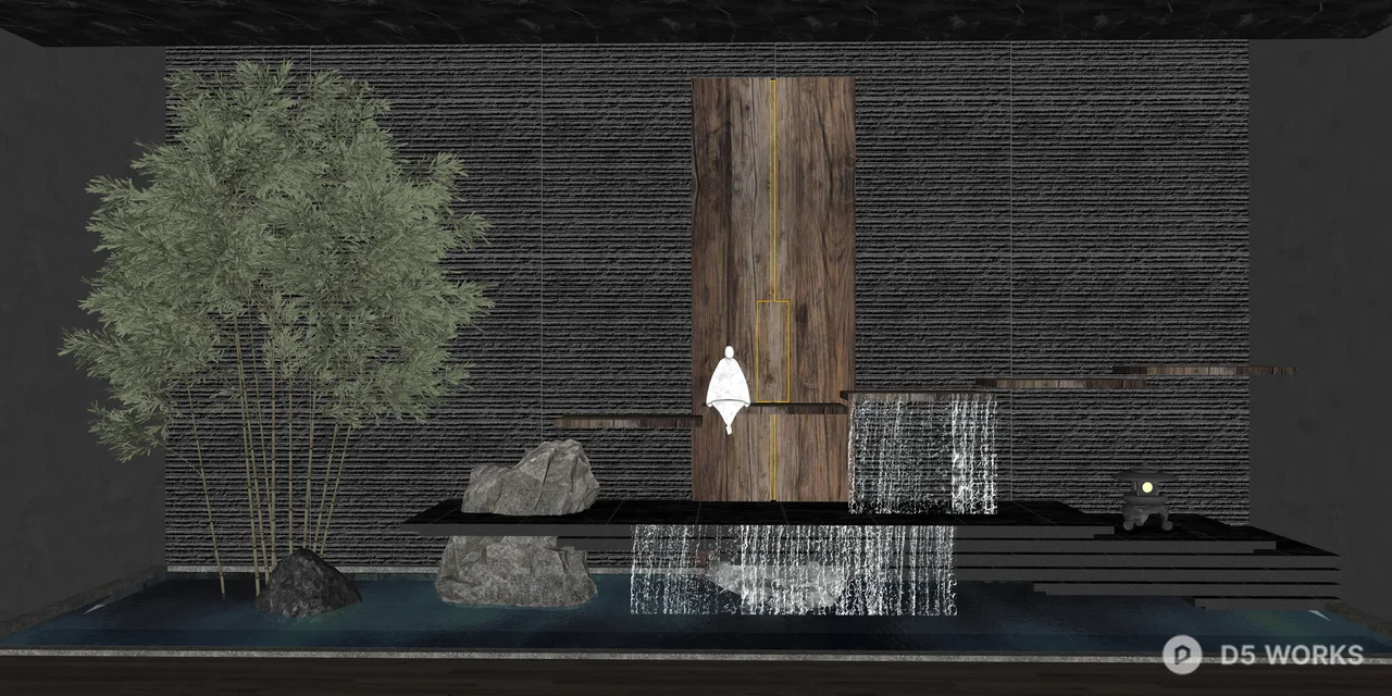 Zen Indoor Waterfall Garden with Stone and Wood 3d model thumbnail 2