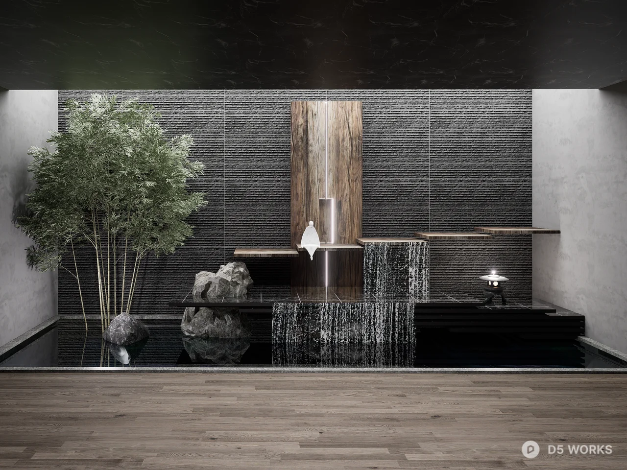 Zen Indoor Waterfall Garden with Stone and Wood 3d model - Image 1