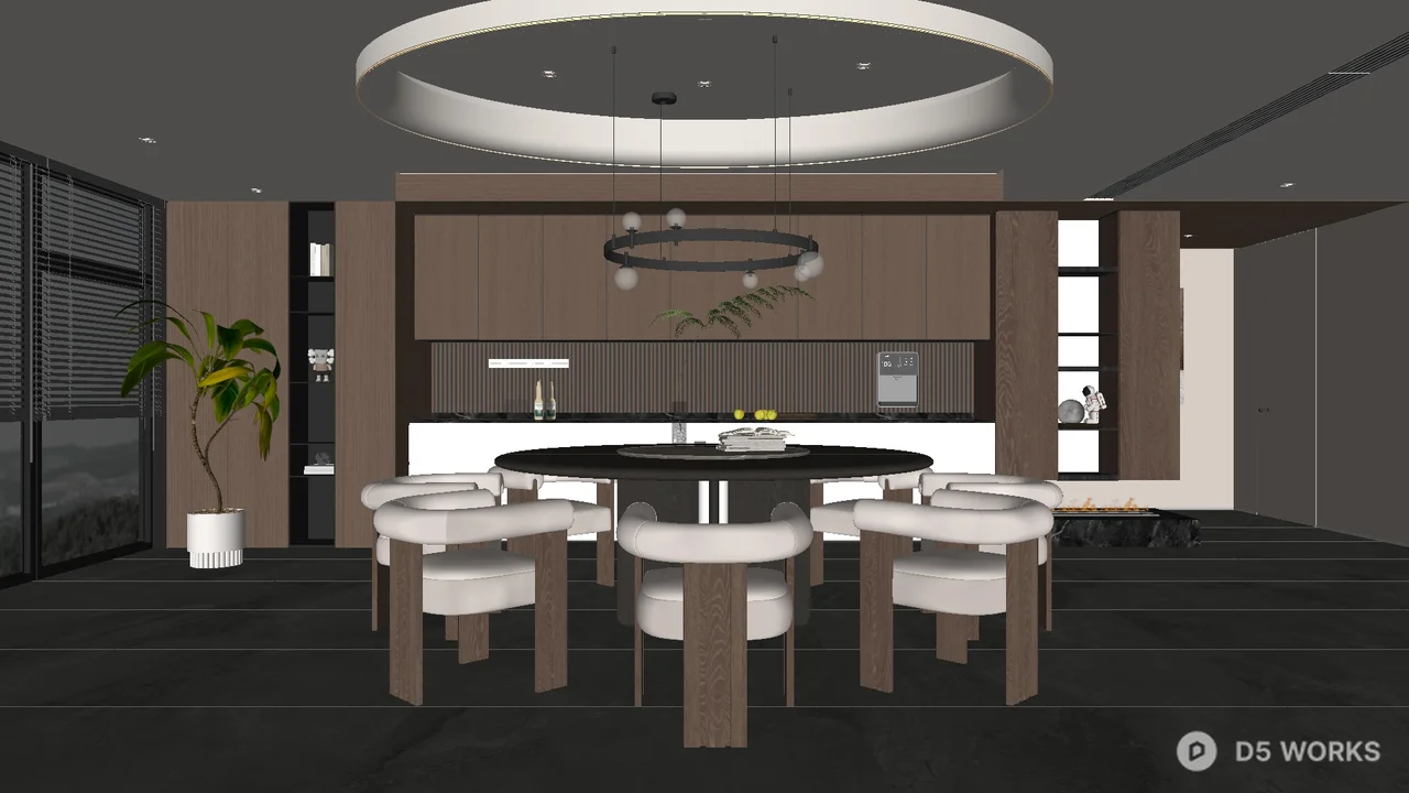 Modern Minimalist Dining Room With Circular Pendant And Round Table 3d model - Image 1
