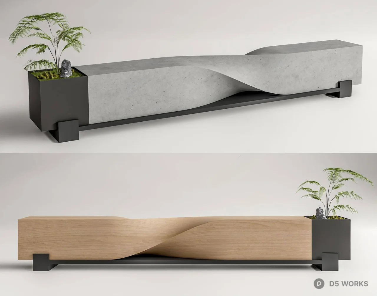 Modern Twisted Bench with Integrated Planter 3d model - Image 1