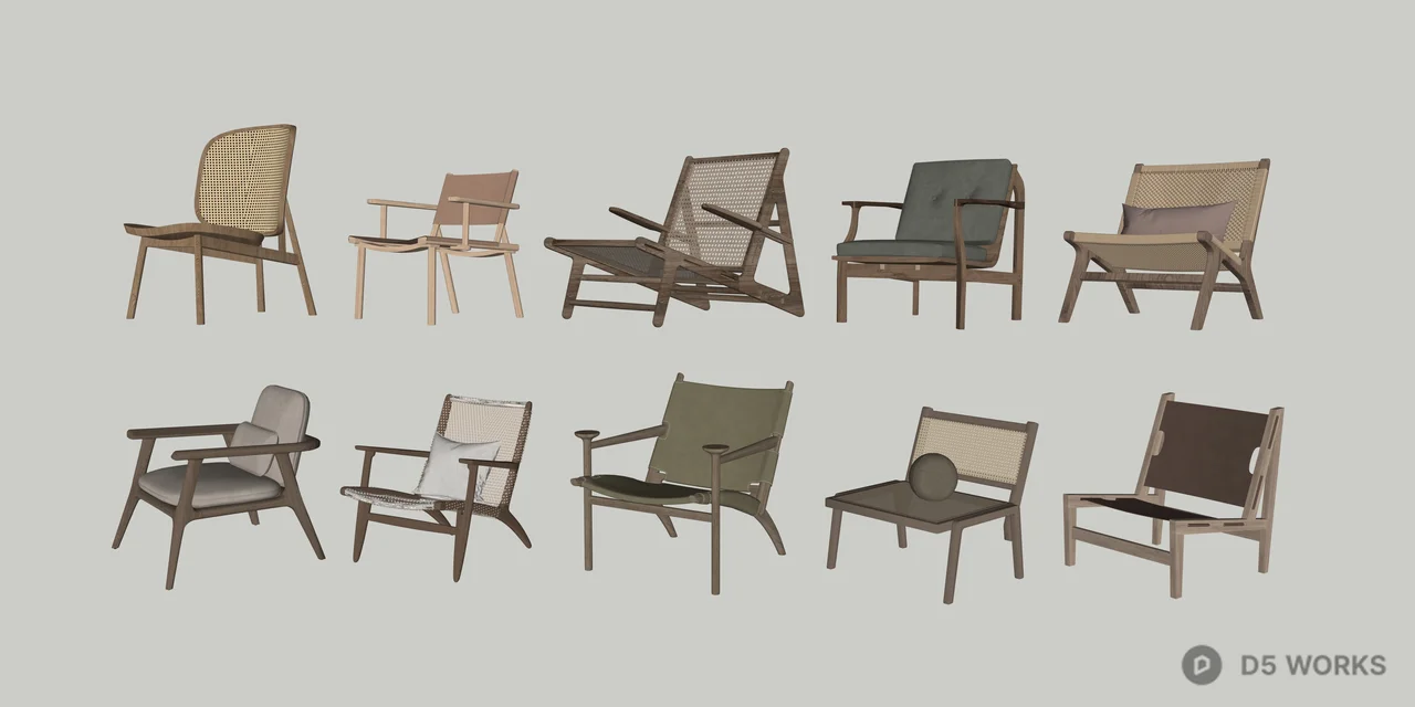 Mid-Century Modern Wooden Chair Collection 3d model thumbnail 2