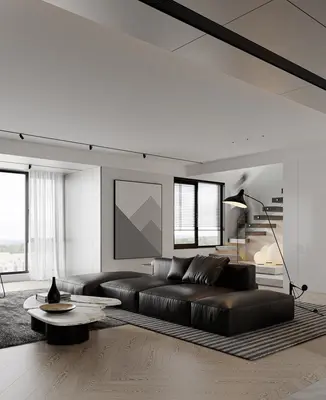 Minimalist Living Room with Black Leather Sofa 3d model