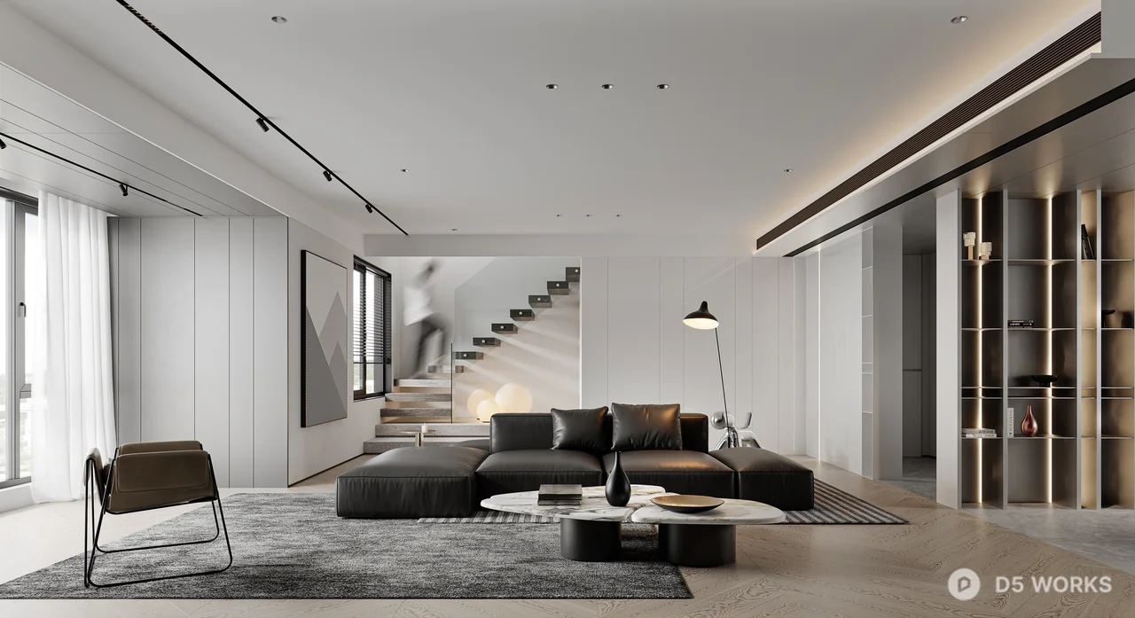 Minimalist Living Room with Black Leather Sofa 3d model thumbnail 6
