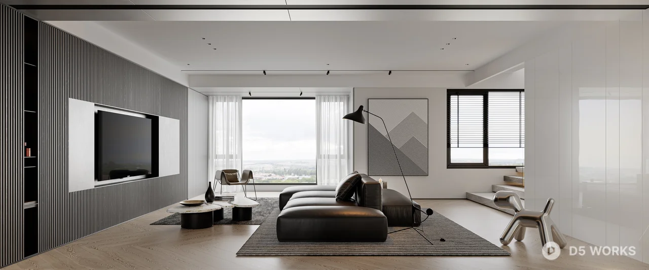 Minimalist Living Room with Black Leather Sofa 3d model thumbnail 7