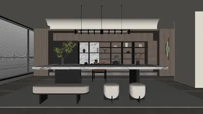 Modern Minimalist Dining Room with Long Table and Pendant Lights 3d model