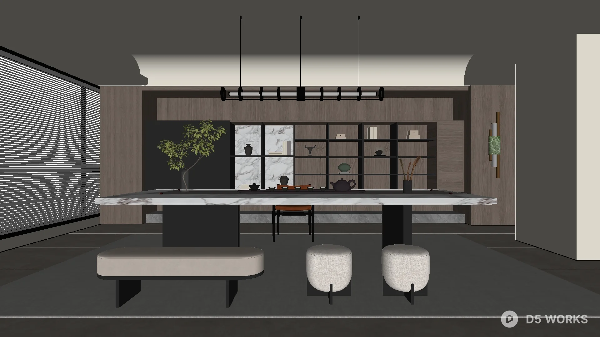 Free Modern Minimalist Dining Room with Long Table and Pendant Lights ...