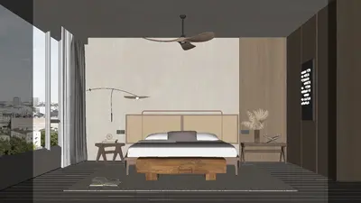Minimalist Bedroom with Wooden Bed and Floor Lamp 3d model