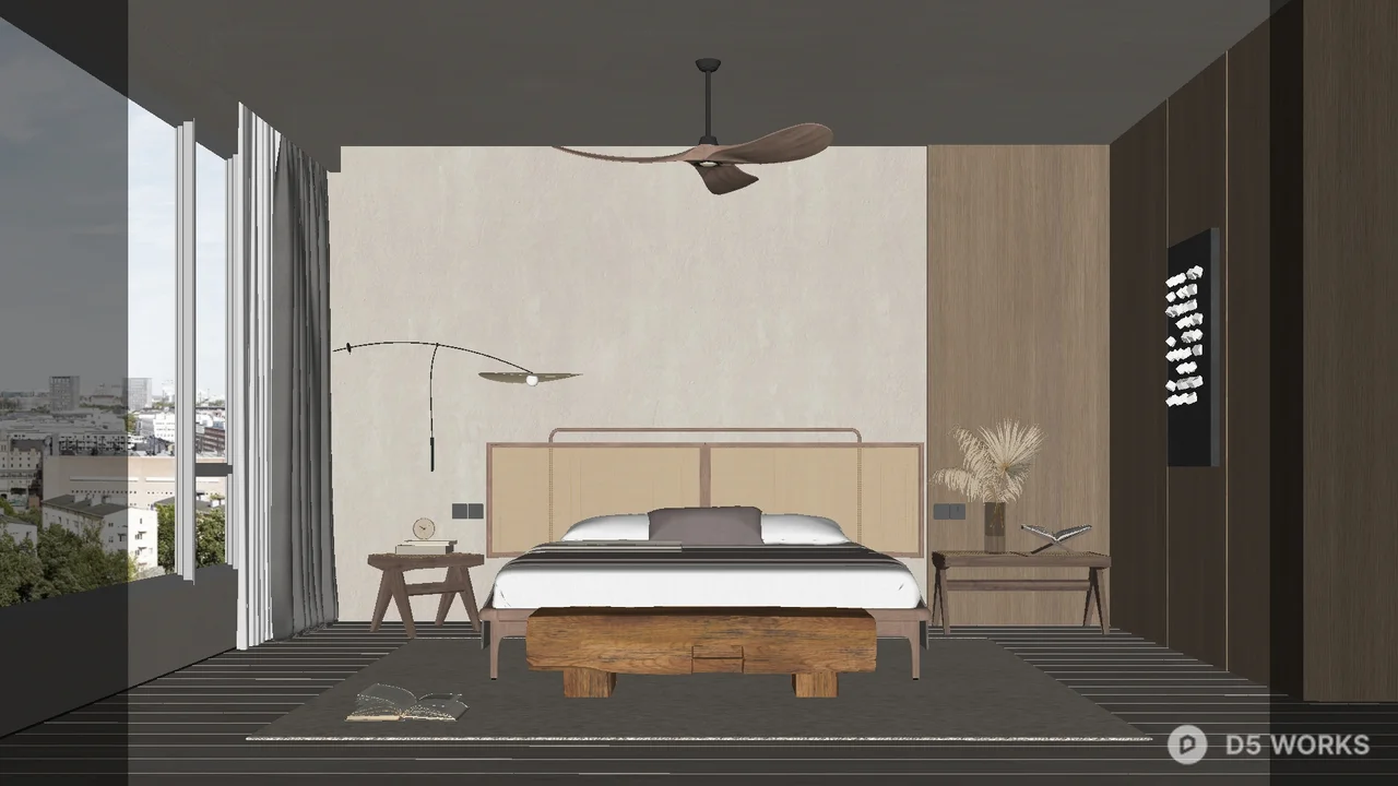 Minimalist Bedroom with Wooden Bed and Floor Lamp 3d model - Image 1