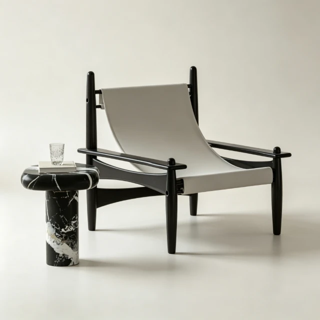 Modernist Sling Lounge Chair and Marble Side Table 3d model