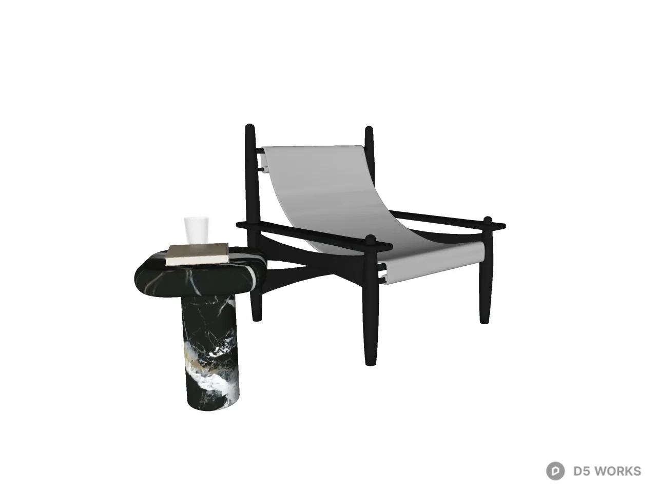 Modernist Sling Lounge Chair and Marble Side Table 3d model thumbnail 2