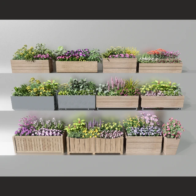 Rustic Wooden Planter Box Collection with Wildflowers 3d model