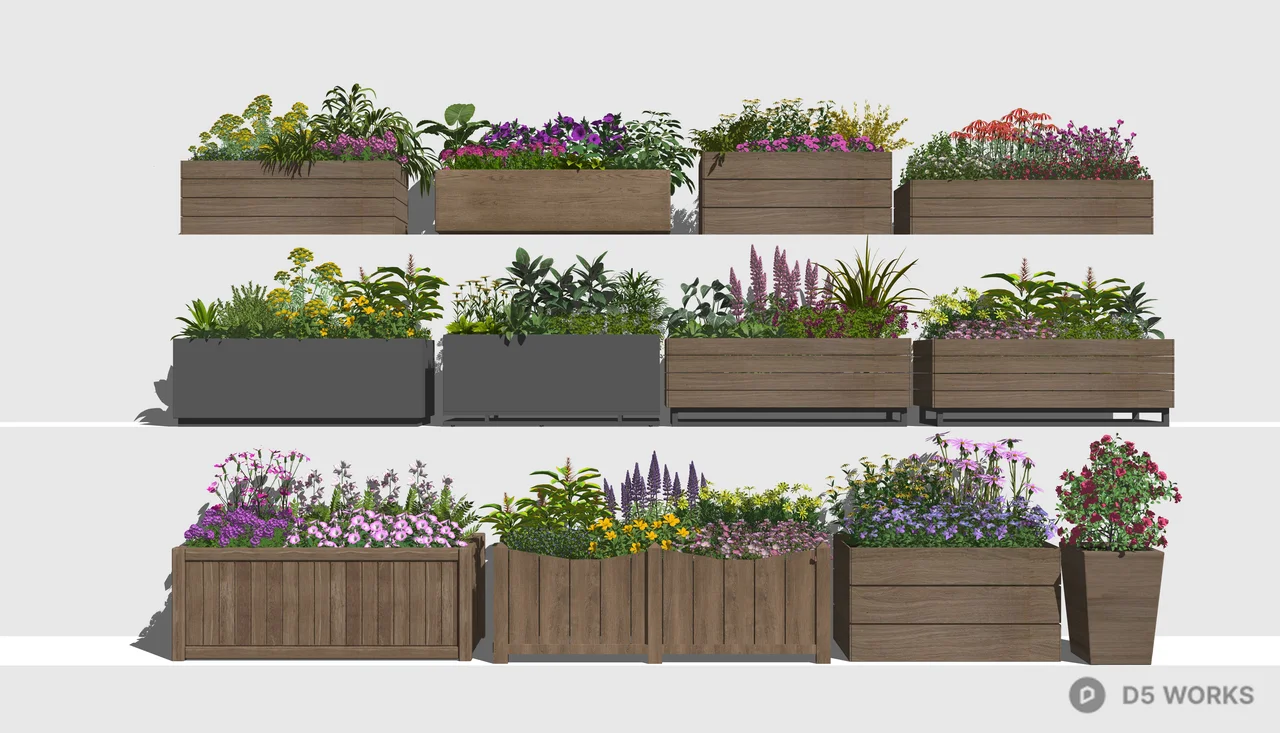 Rustic Wooden Planter Box Collection with Wildflowers 3d model thumbnail 2