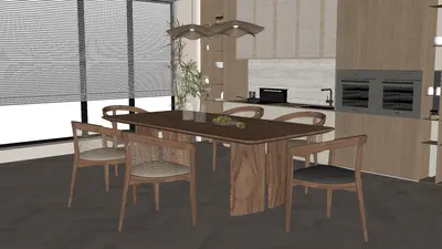 Modern Dining Room with Wooden Table and Chairs 3d model