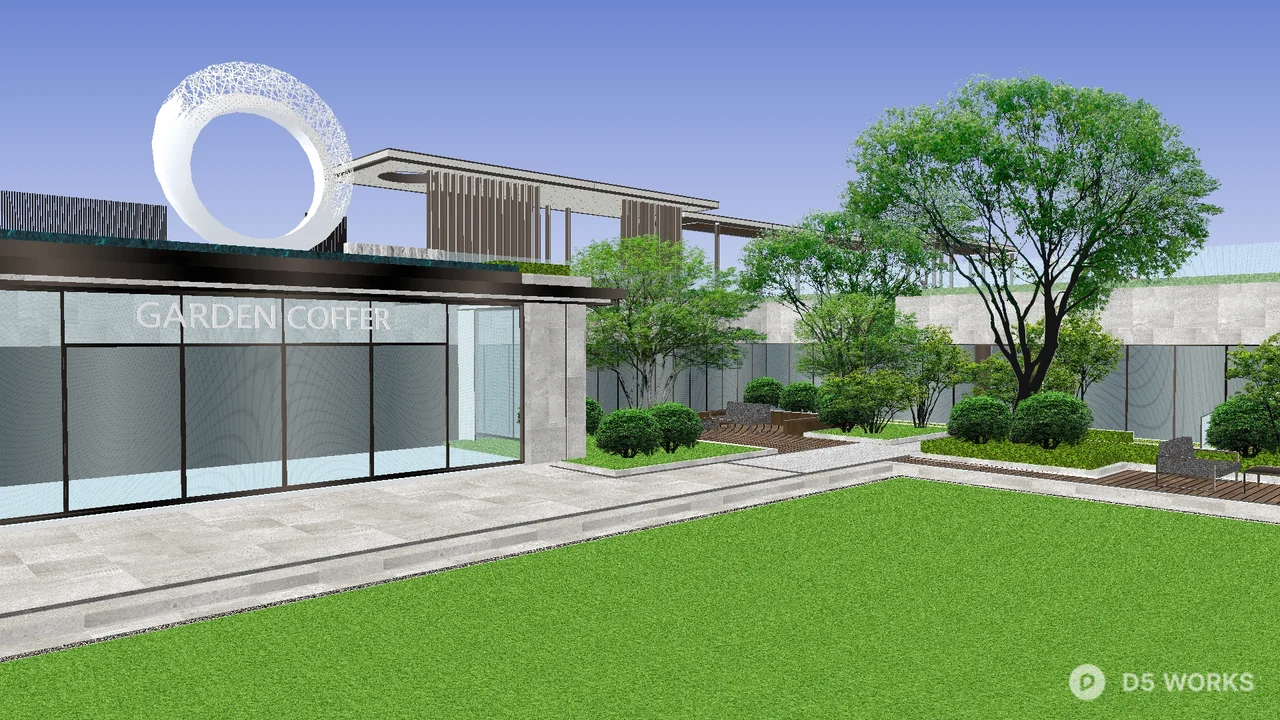 Modern Villa Courtyard with Lawn and Greenery 3d model thumbnail 2
