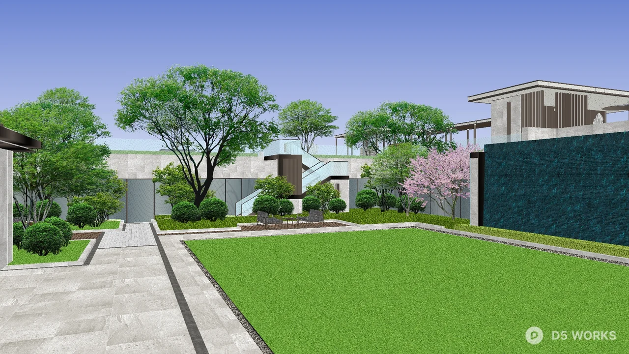 Modern Villa Courtyard with Lawn and Greenery 3d model - Image 1