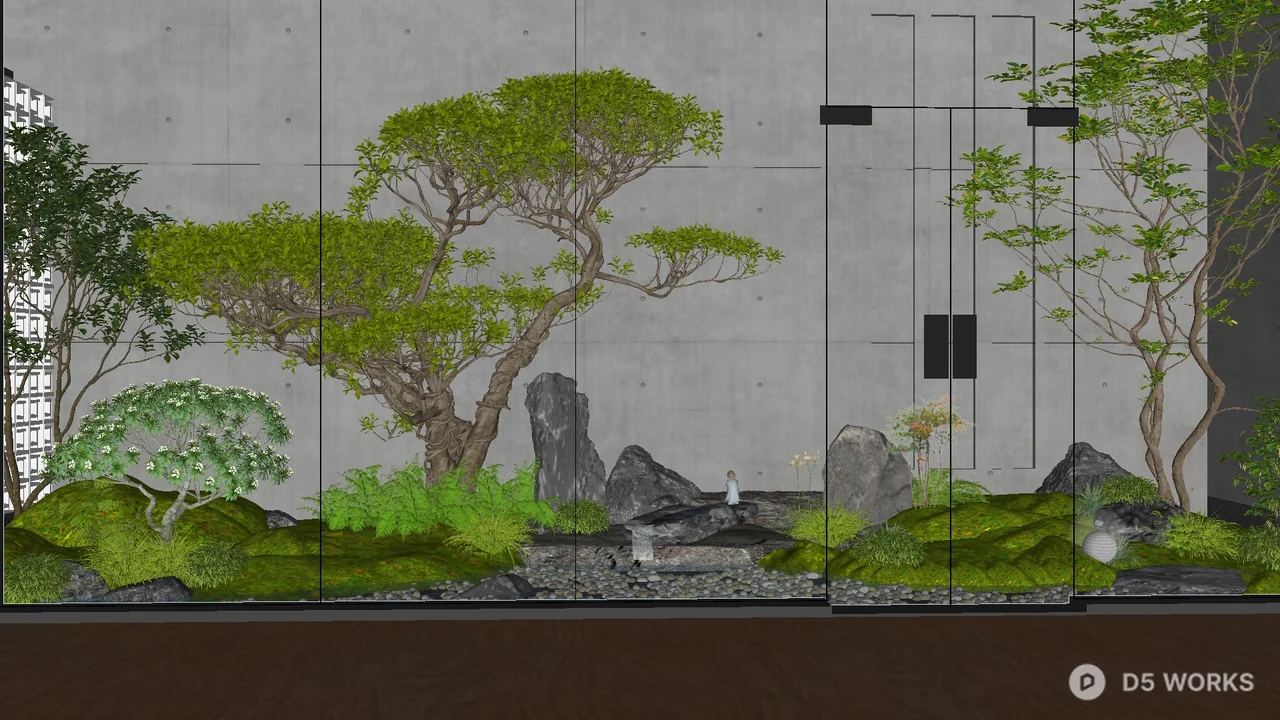 Minimalist Courtyard Landscape with Bonsai Trees 3d model - Image 1