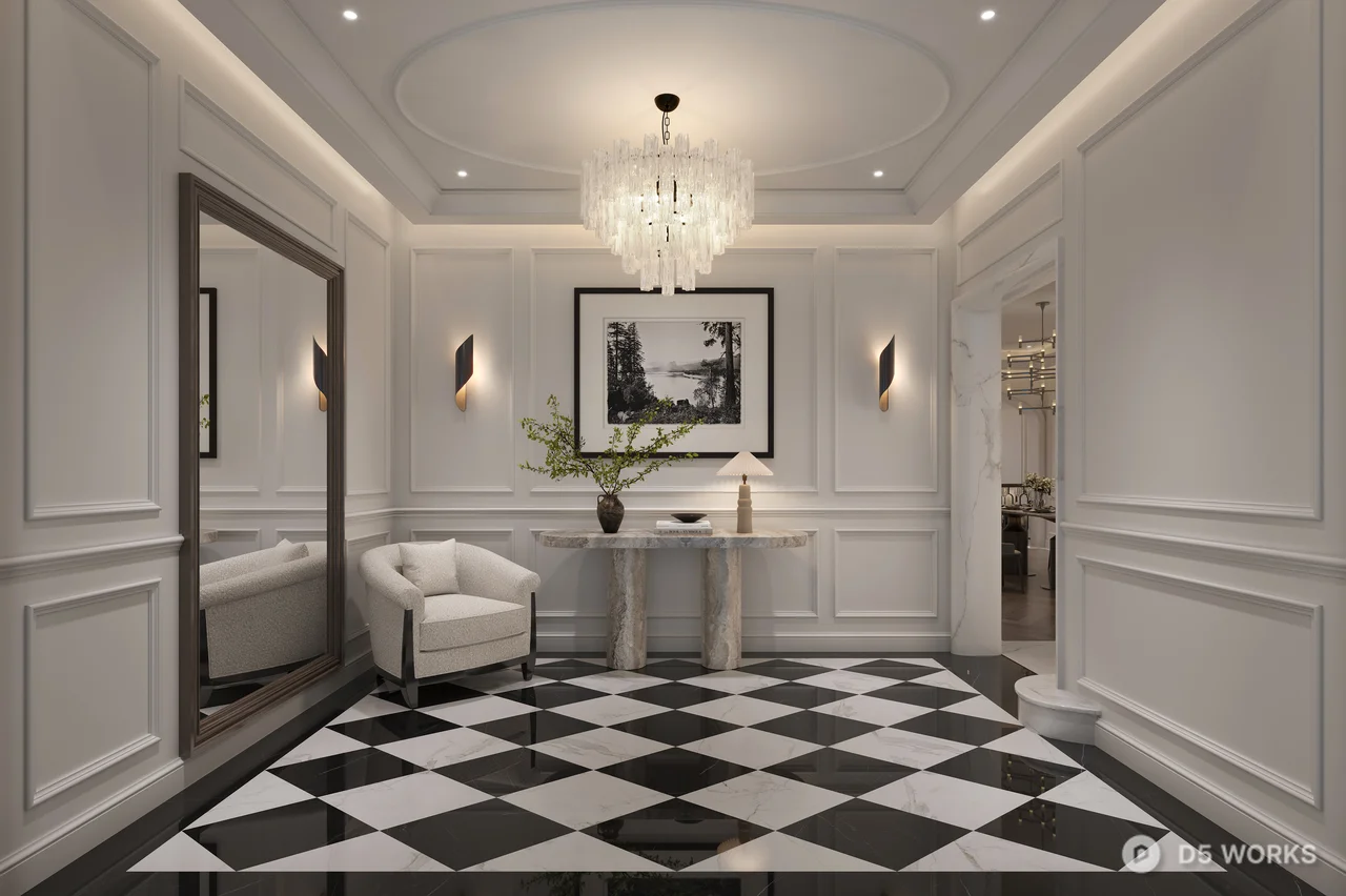 Classic Black And White Checkerboard Entryway Space 3d model - Image 1